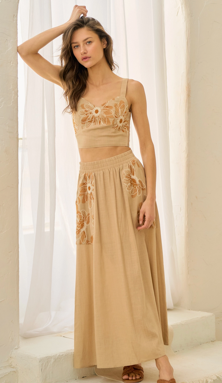 Meri Embroider Maxi Skirt Set in Taupe