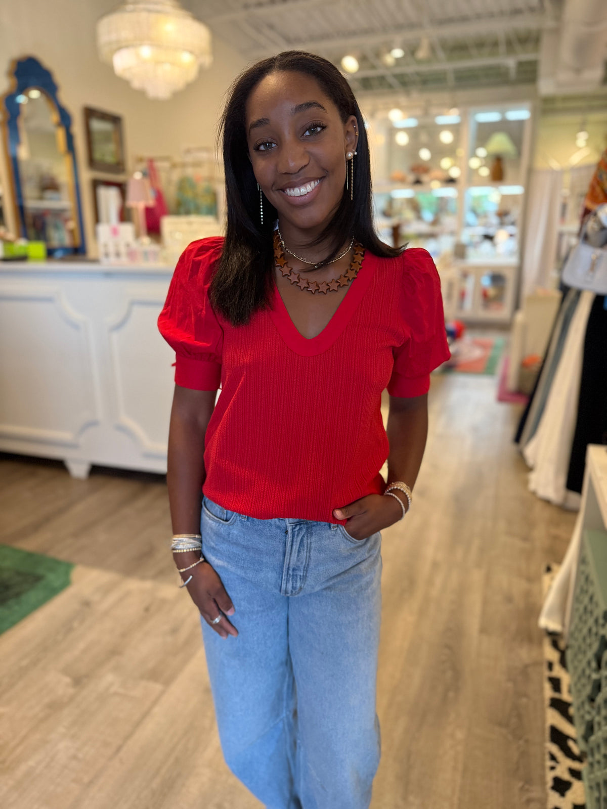 U Neck Knit Top in Red