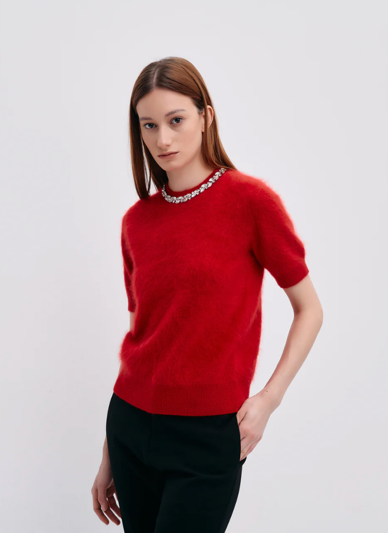 Brushed Cashmere Short-Sleeve Sweater with Rhinestone Embellishment