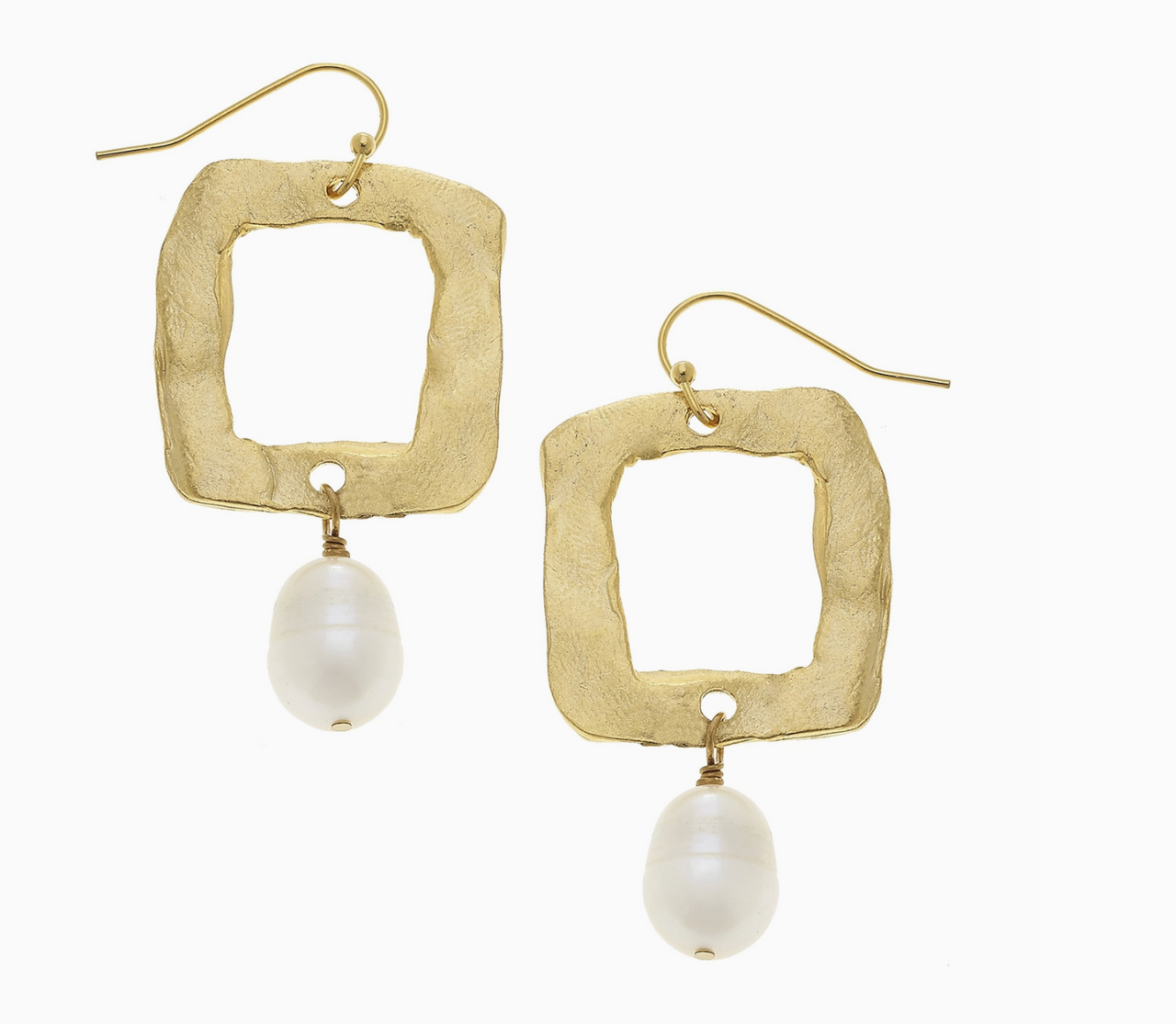 Gold Open Square and Genuine Freshwater Pearl Earrings