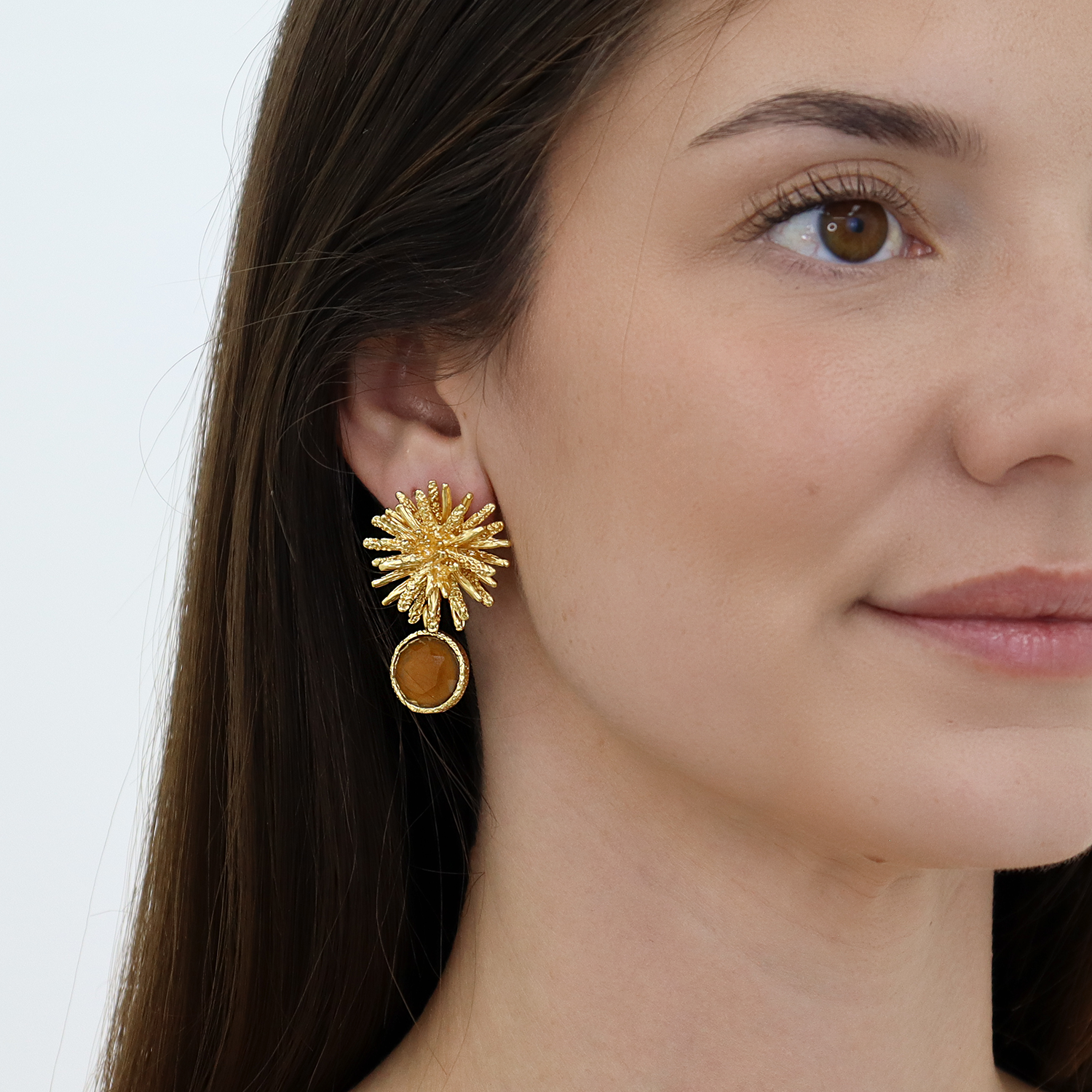 Mocha Stone x Starburst Pendant Earrings - 24K Gold Plated