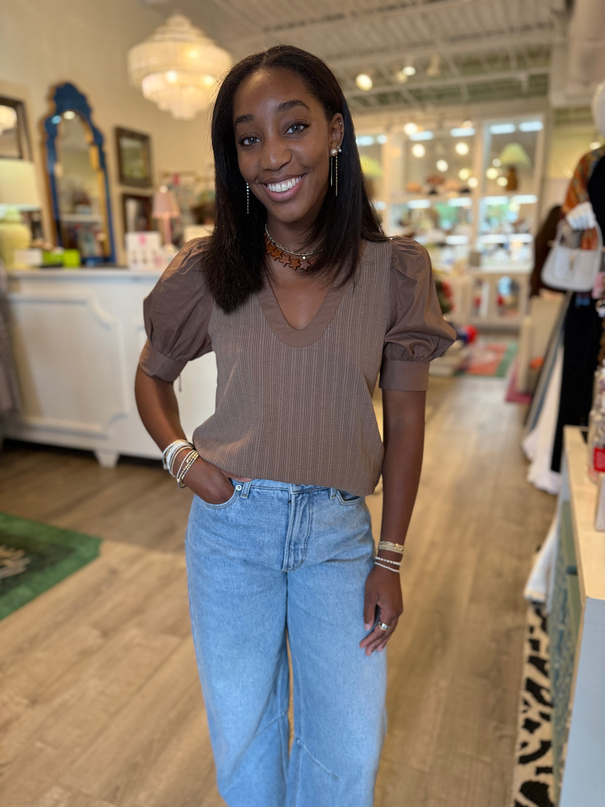 U Neck Knit Top in Taupe