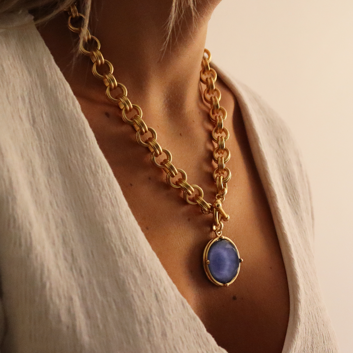 Cabochon Pendant Necklace - 24k Gold Plated