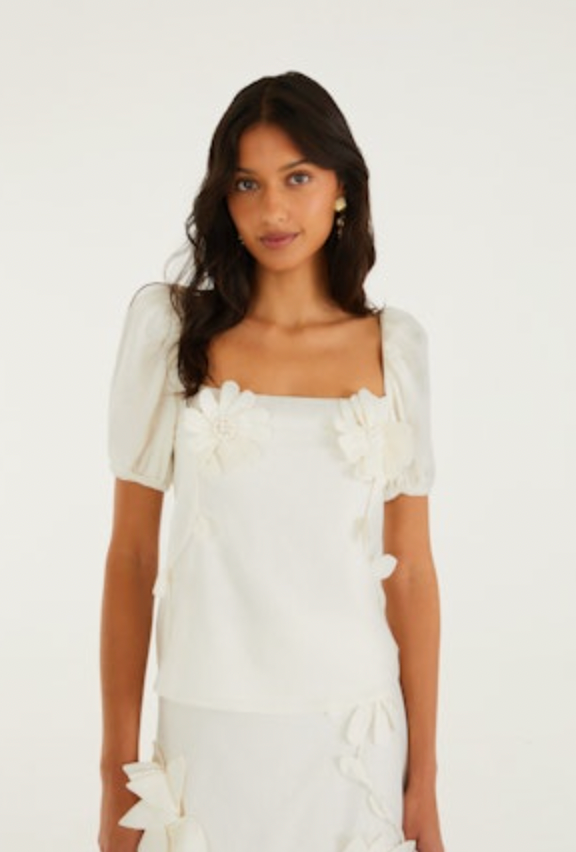 Flowers Off-White Short Sleeve Blouse