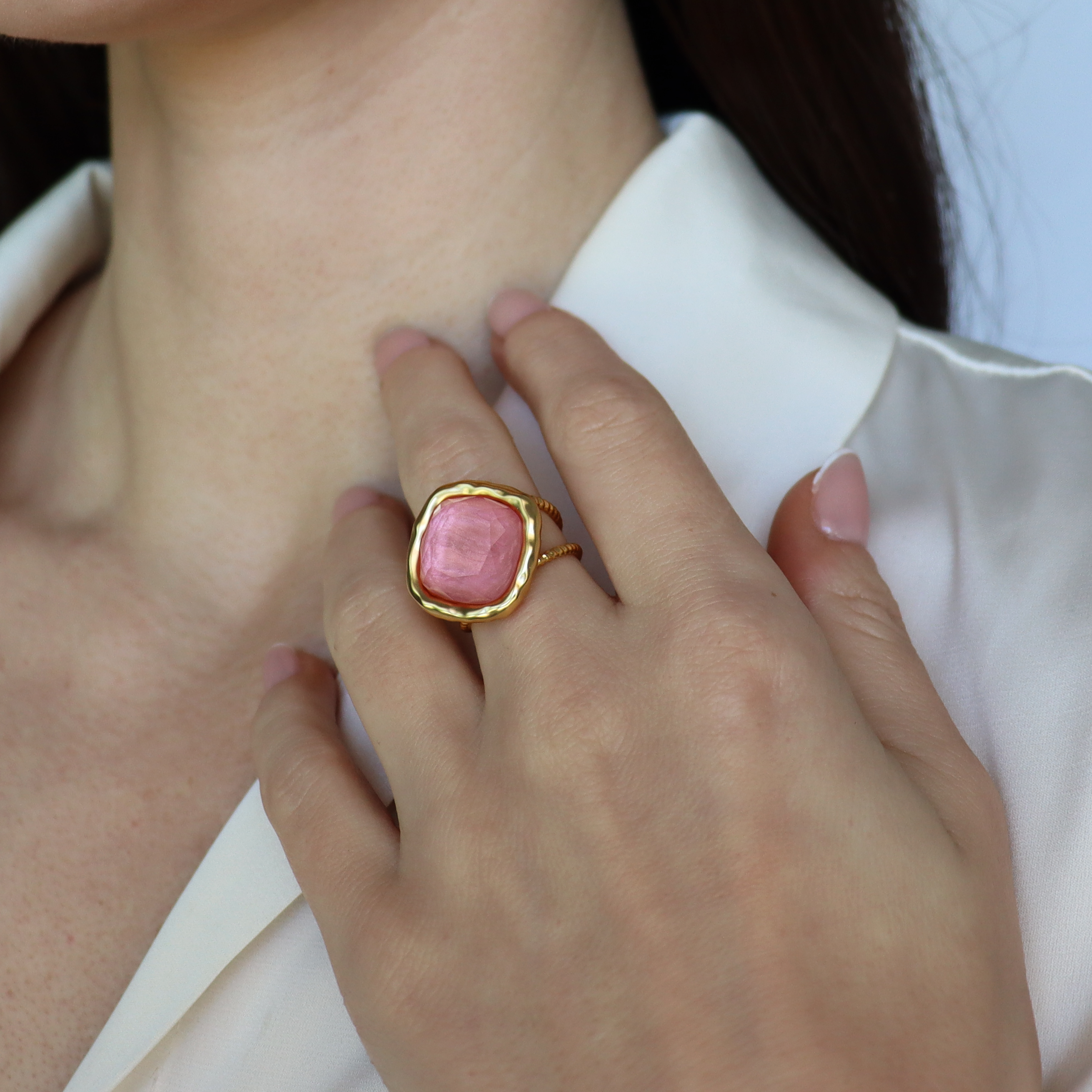 Bezel Iridescent Glass Ring - 24K Gold Plated