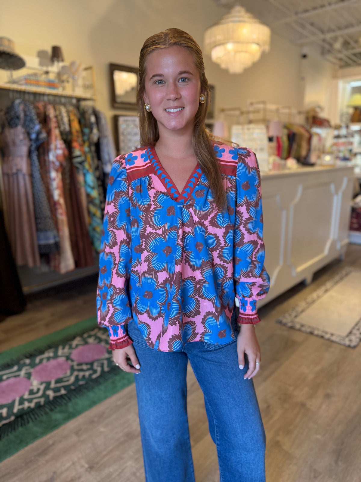 V-Neck Blouse in Blue Zinnia