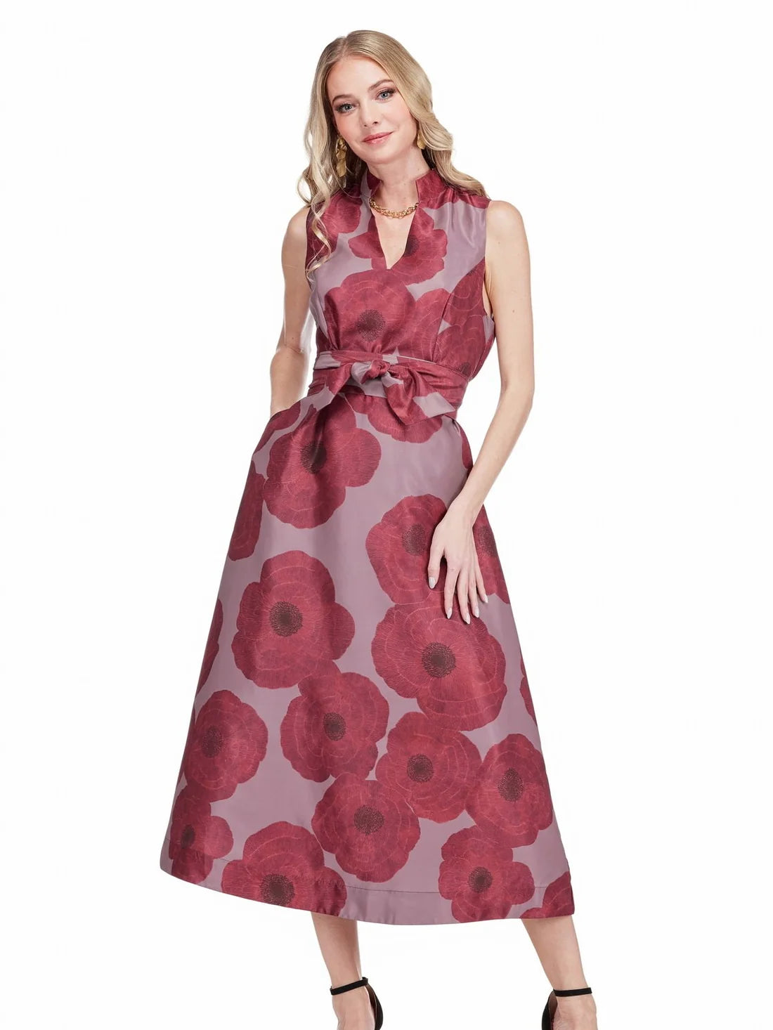 Stand Collar Fit and Flare Dress in Crimson Poppy