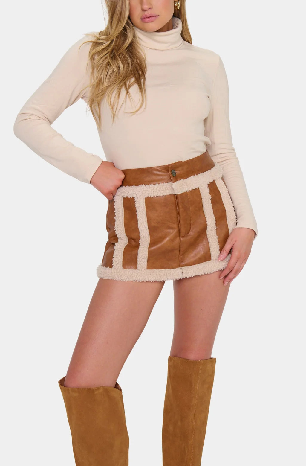 Laurel Canyon Skort in Cognac Faux Leather with Sherpa