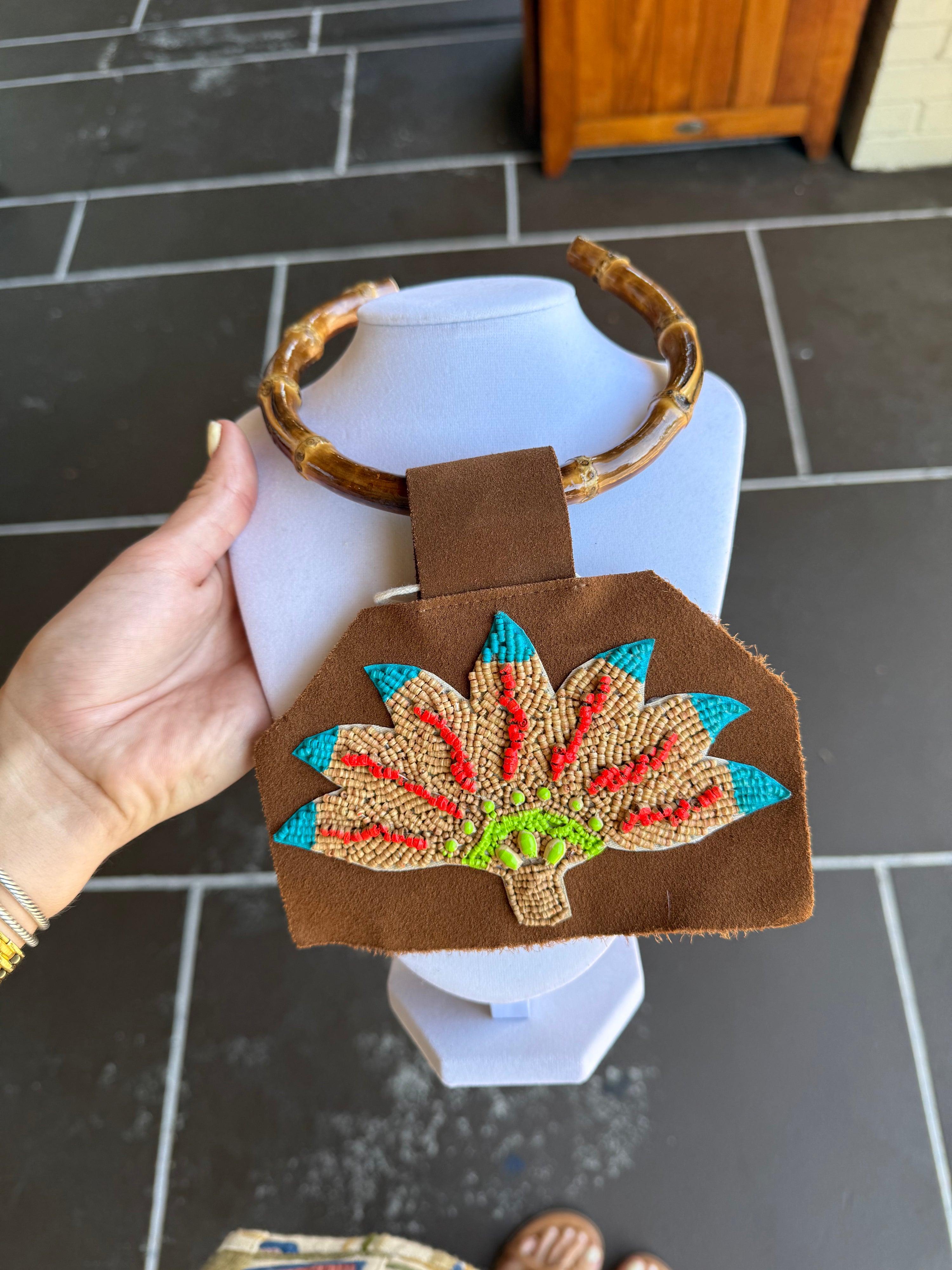 Painted Palm Wooded Bead Pendant on Bamboo Necklace