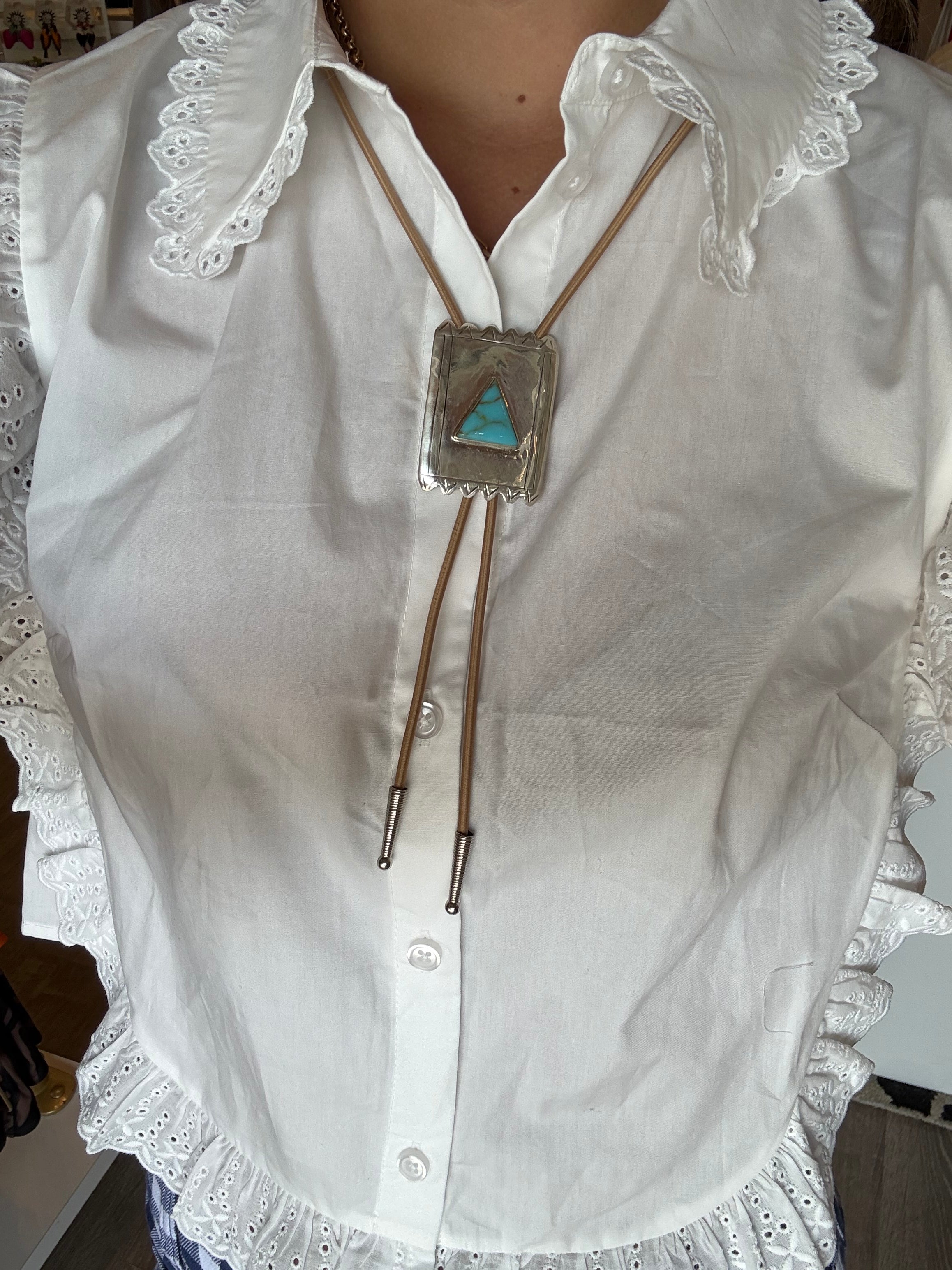 Tan Bolo Tie with Rectangle Pendant and Turquoise Triangle