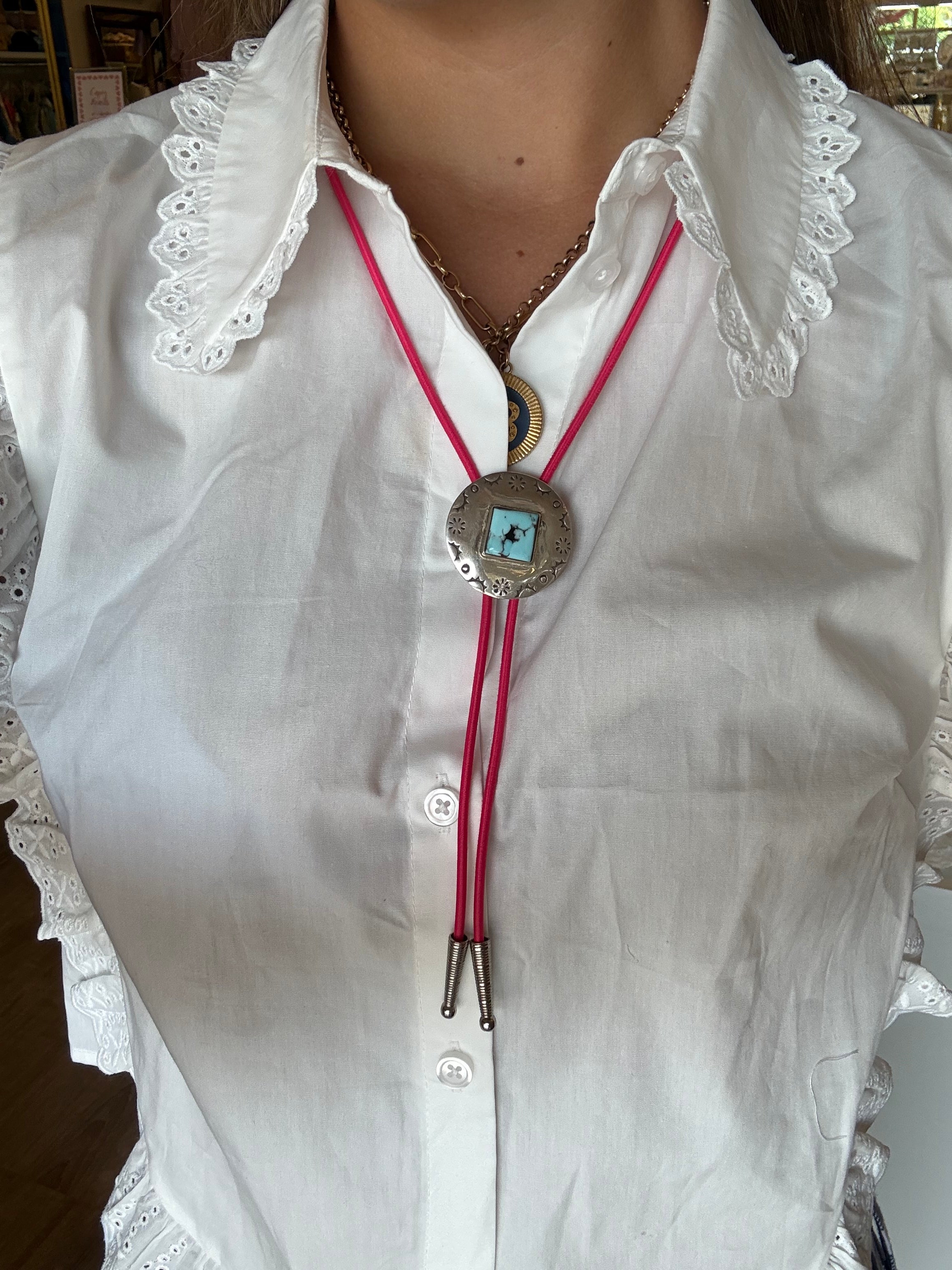 Hot Pink Bolo Tie with Circle Pendant and Turquoise Square