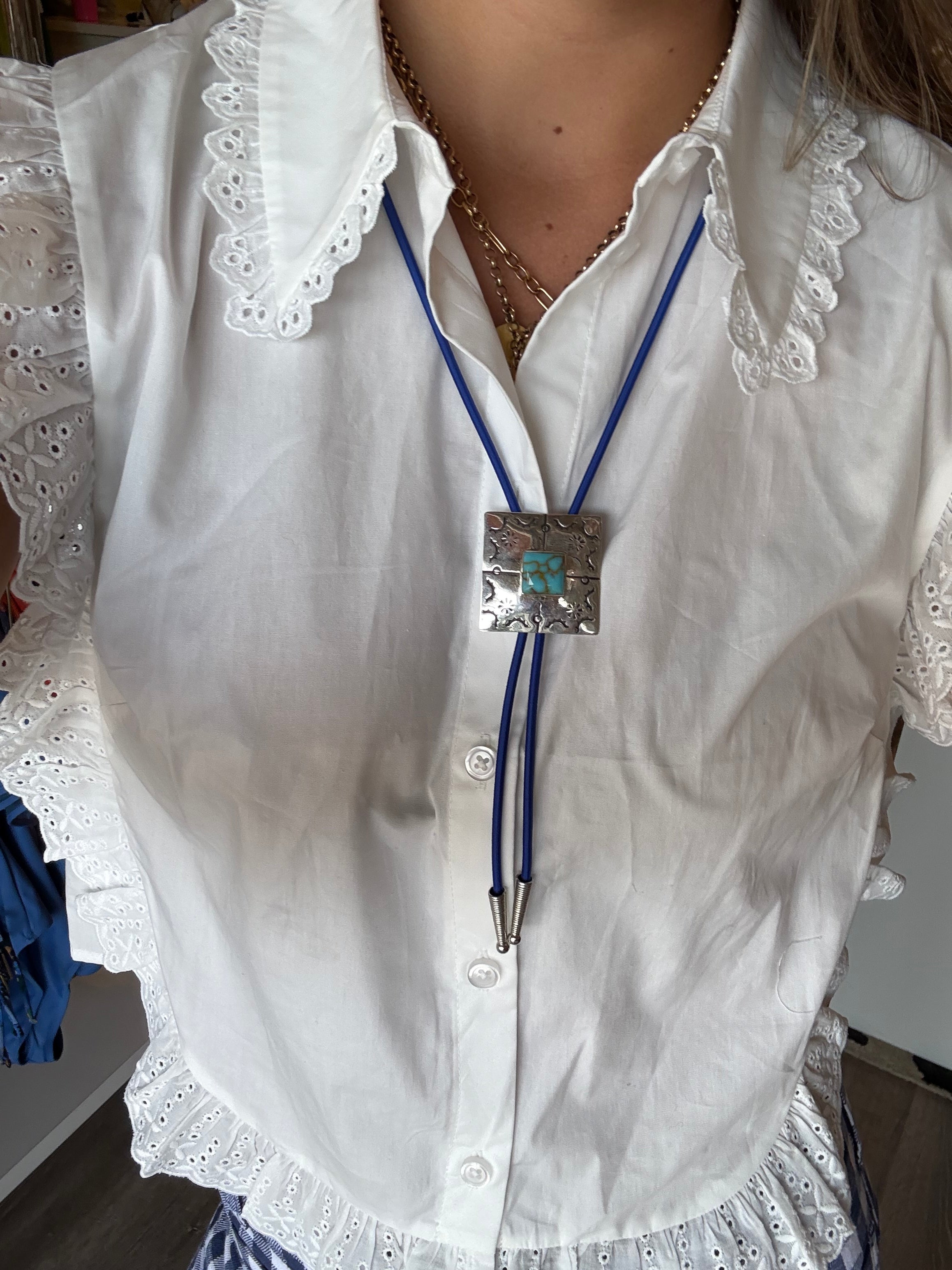 Navy Bolo Tie with Square Pendant and Turquoise Square