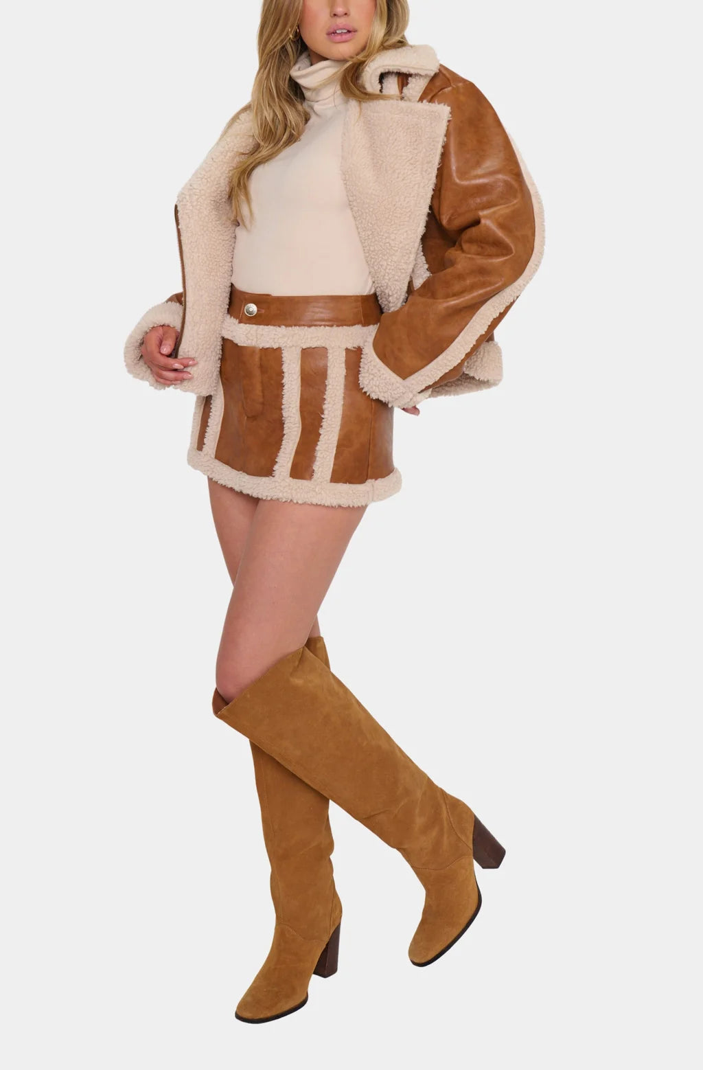 Laurel Canyon Skort in Cognac Faux Leather with Sherpa