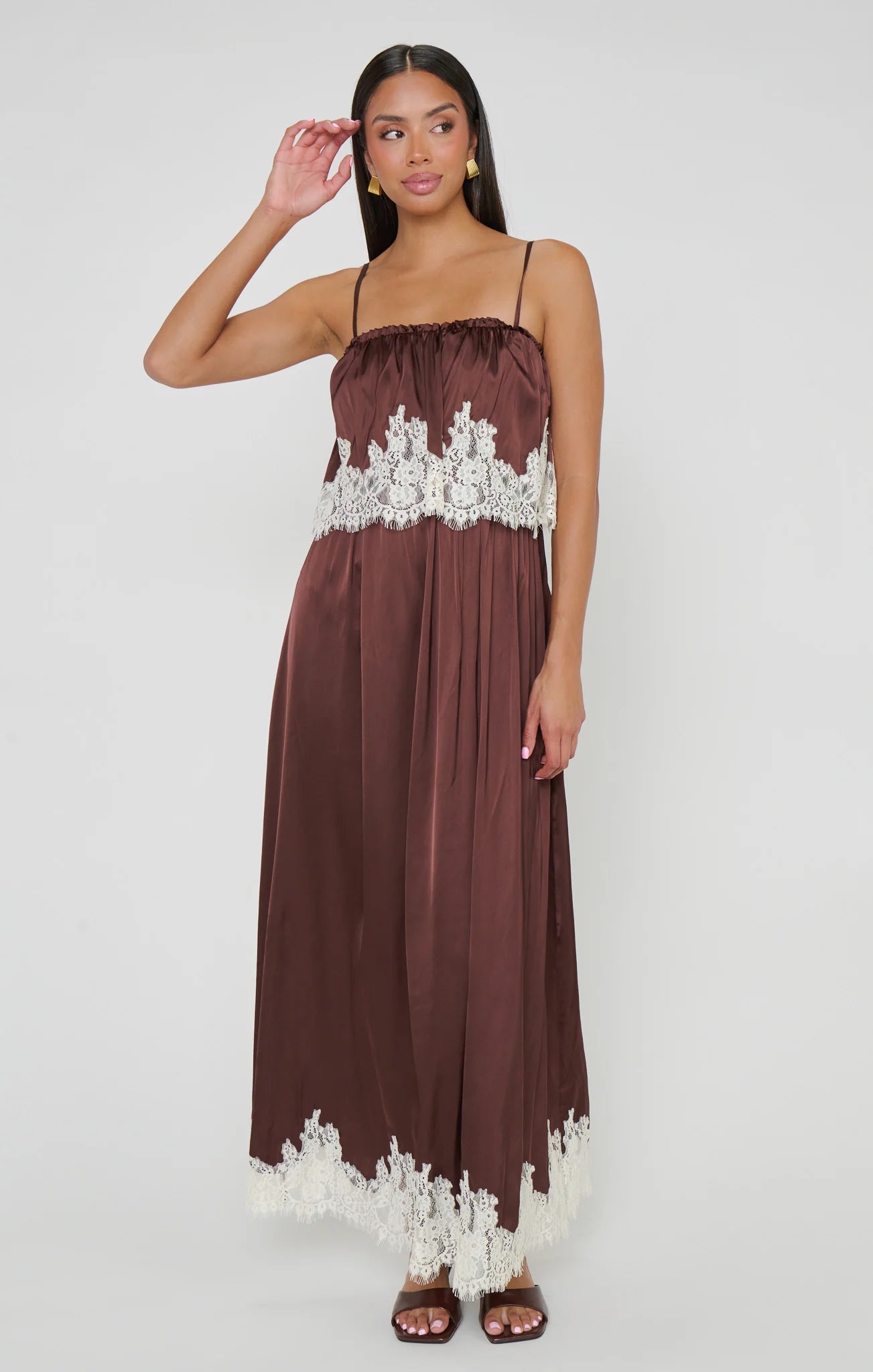 Emmylou Maxi Dress in Chocolate Satin with Lace Trim