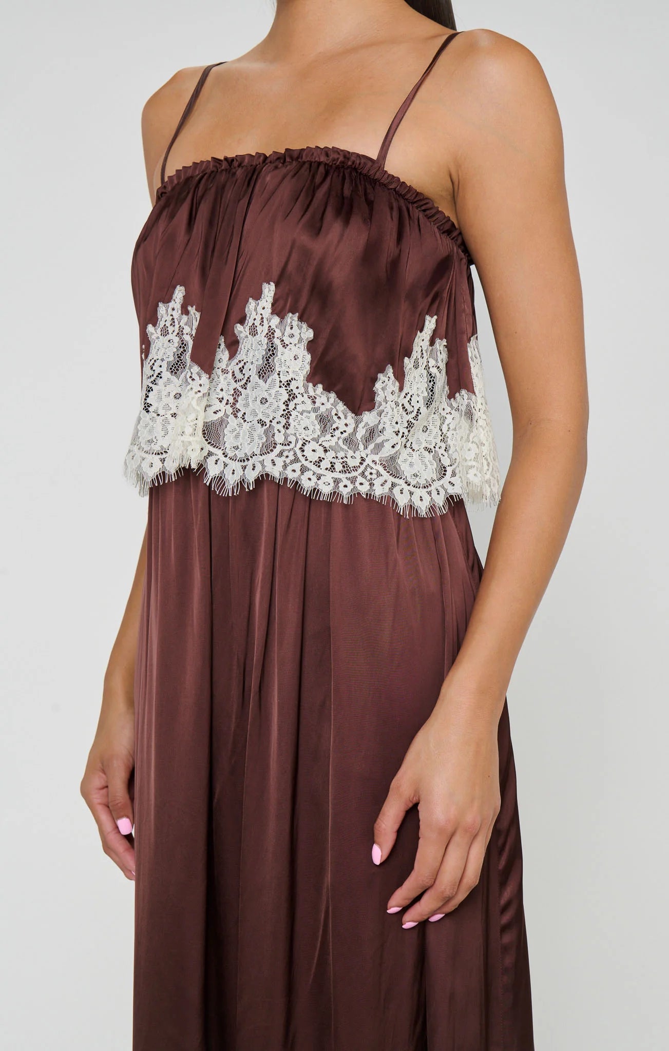 Emmylou Maxi Dress in Chocolate Satin with Lace Trim