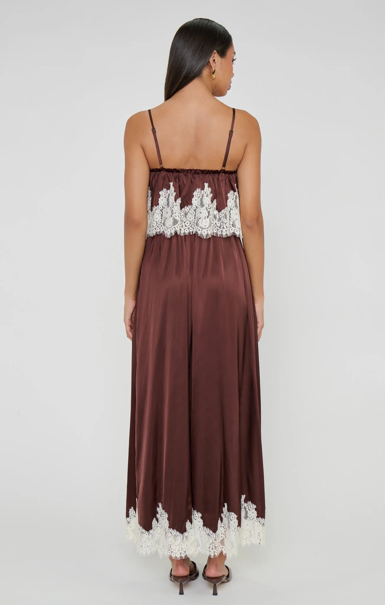 Emmylou Maxi Dress in Chocolate Satin with Lace Trim