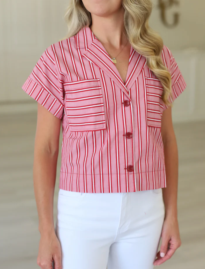 Pocket Crop Blouse in Red Stripe