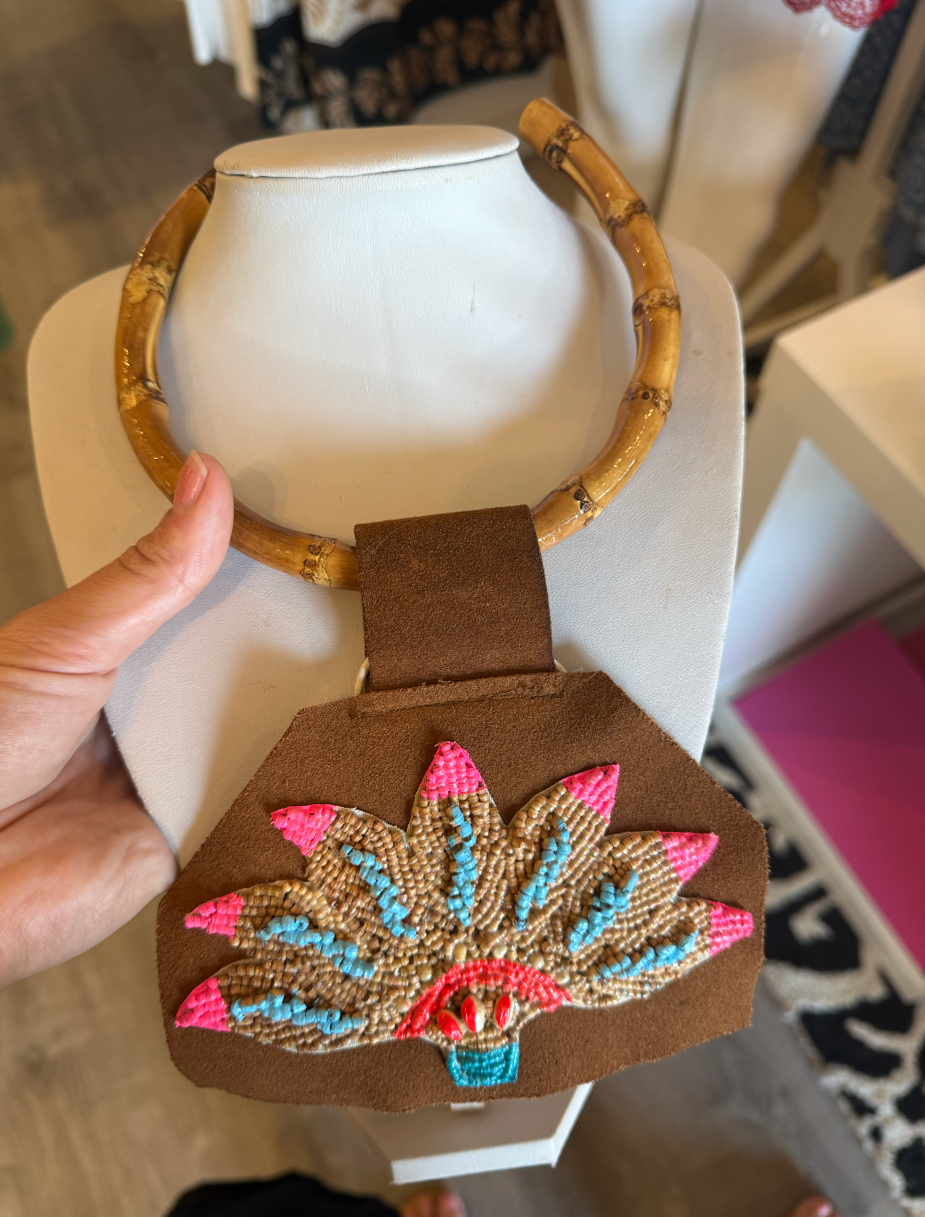 Painted Palm Wooded Bead Pendant on Bamboo Necklace