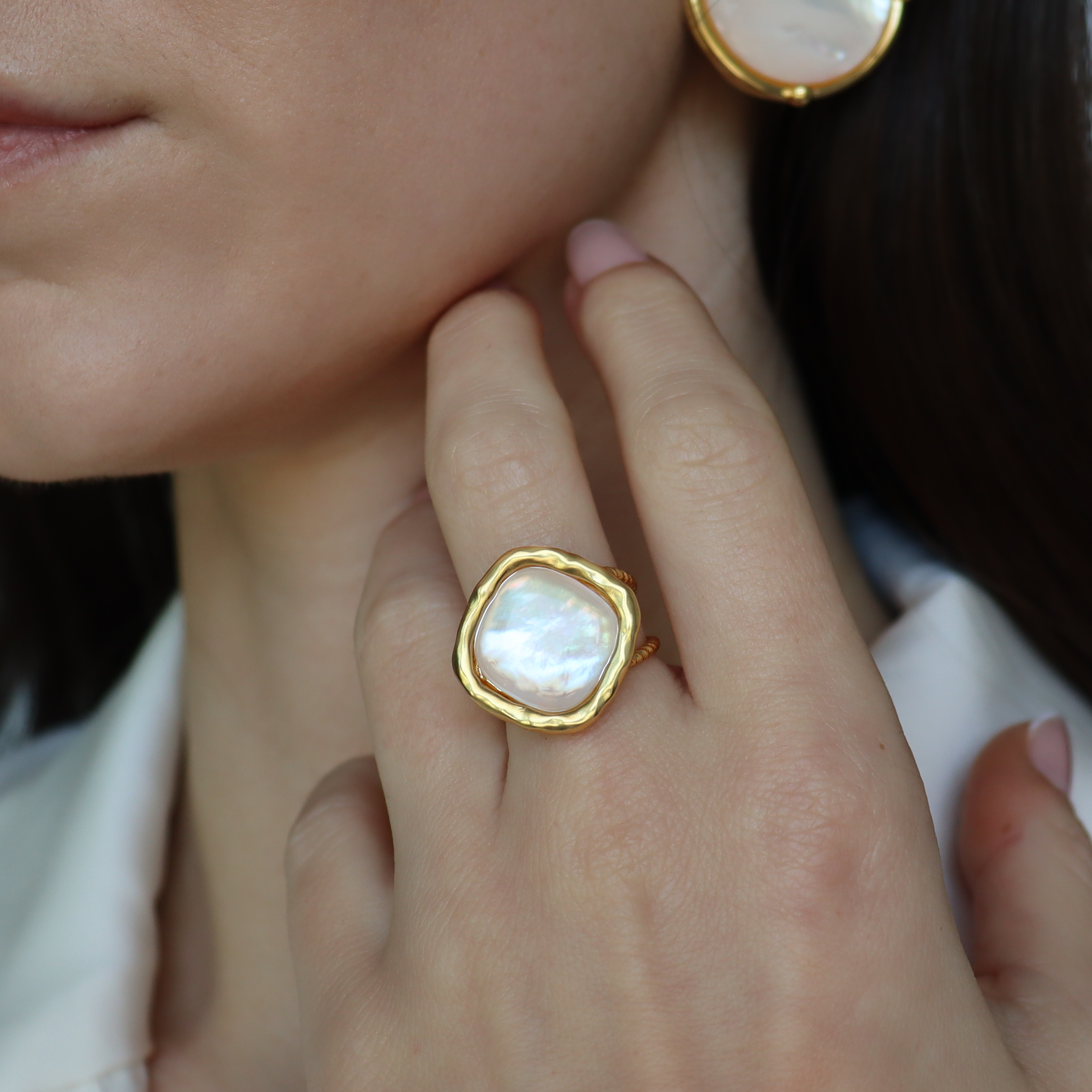 Bezel Mother of Pearl Ring - 24K Gold Plated