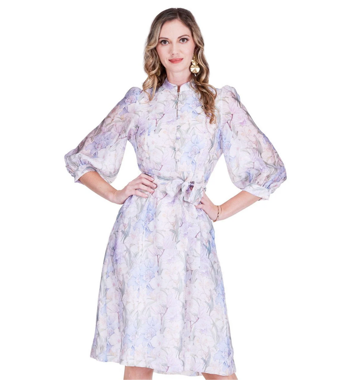 Stand Collar A-Line Midi Dress 50" in Whispering Lilies