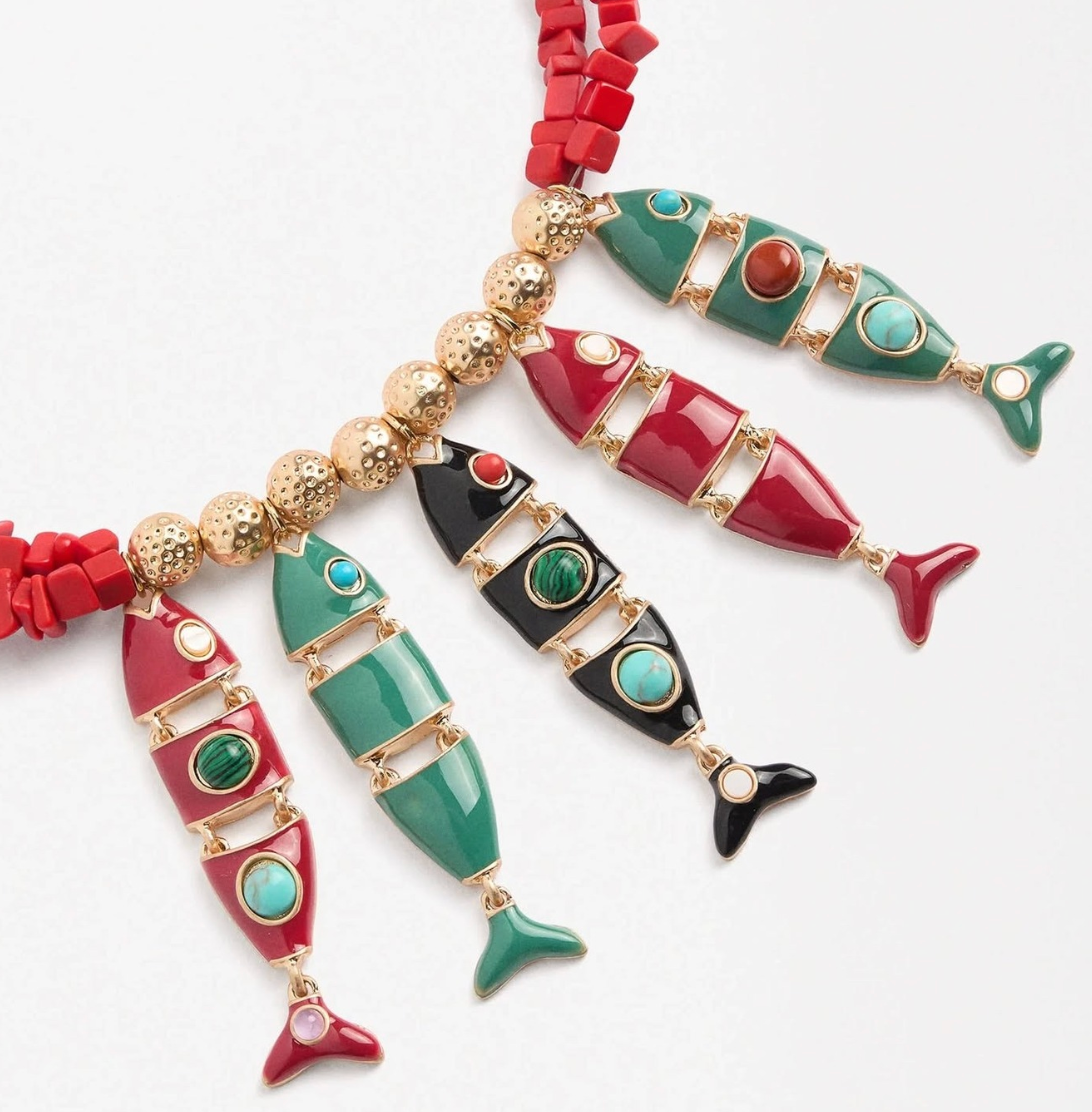 GO FISH- The Enamel Fish 5 Fish on a line. Necklace