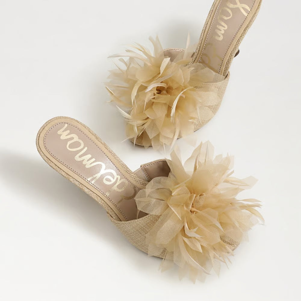 Jace Heel Sandal in Light Almond Satin Fabric