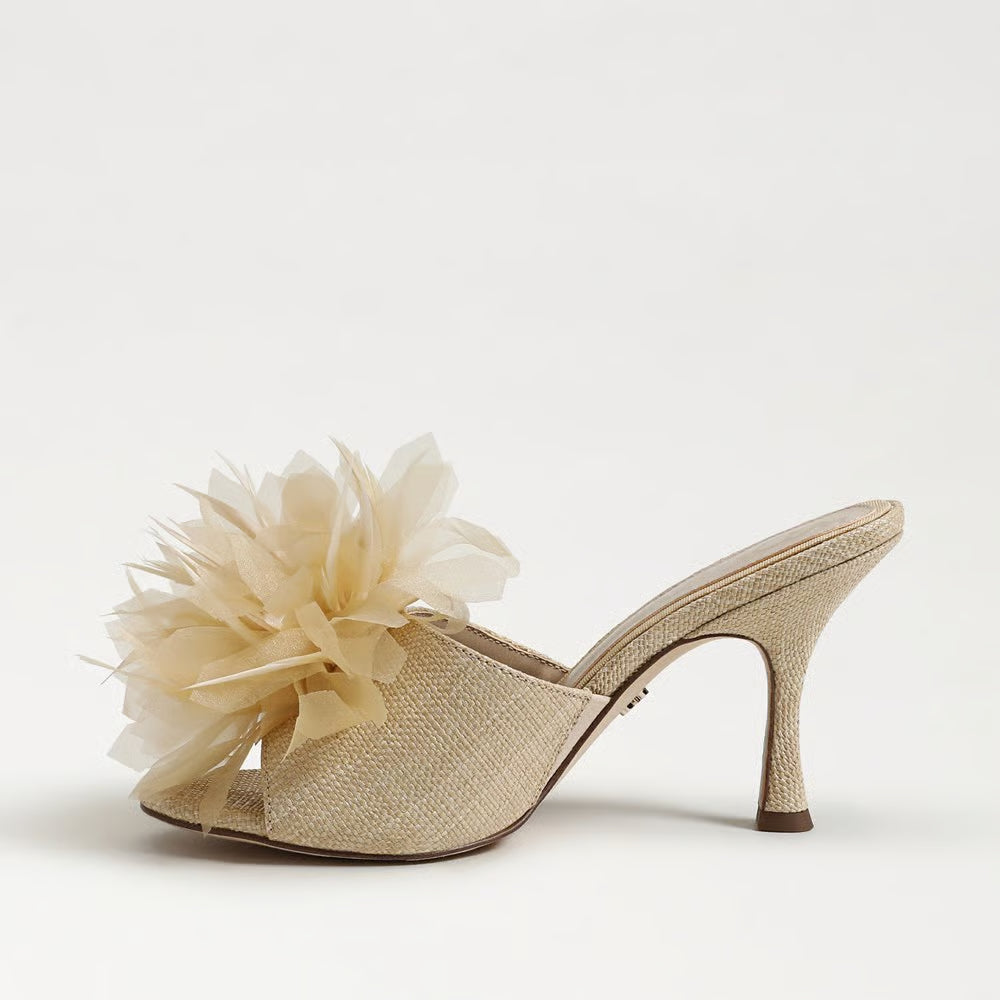Jace Heel Sandal in Light Almond Satin Fabric