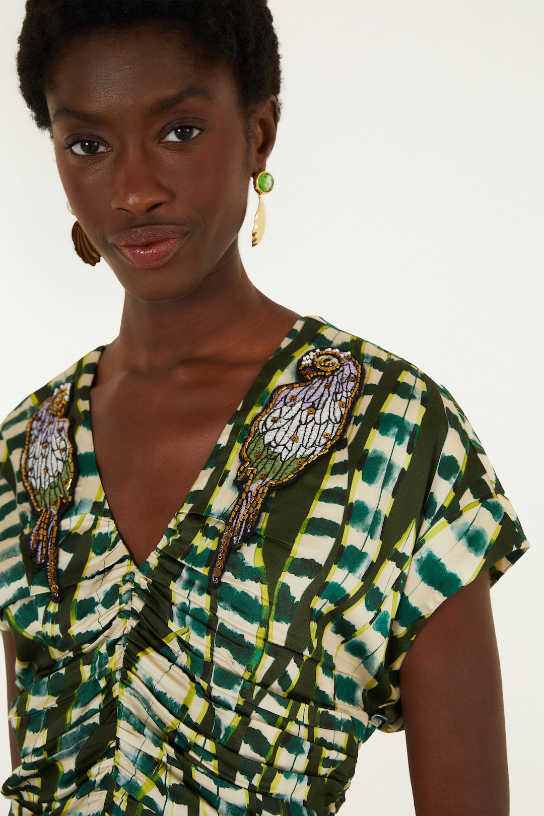 ARTISANAL BIRDS AND STRIPED LEAVES SHORT SLEEVES M