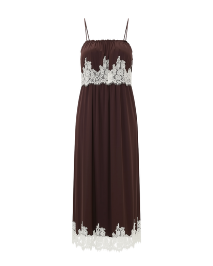 Emmylou Maxi Dress in Chocolate Satin with Lace Trim