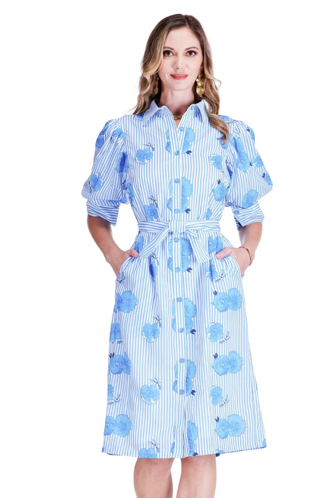 Puff Sleeve Shirtdress in Bluebell Stripe