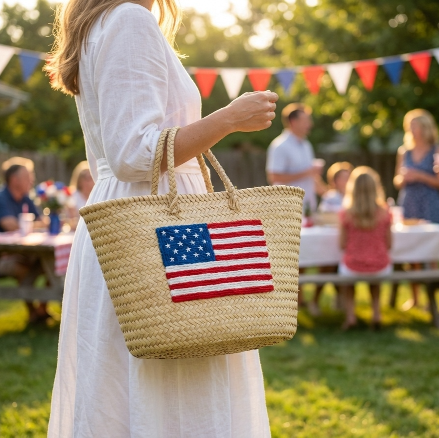 Moroccan Straw Tote with USA Flag – Beach &amp; Market Bag