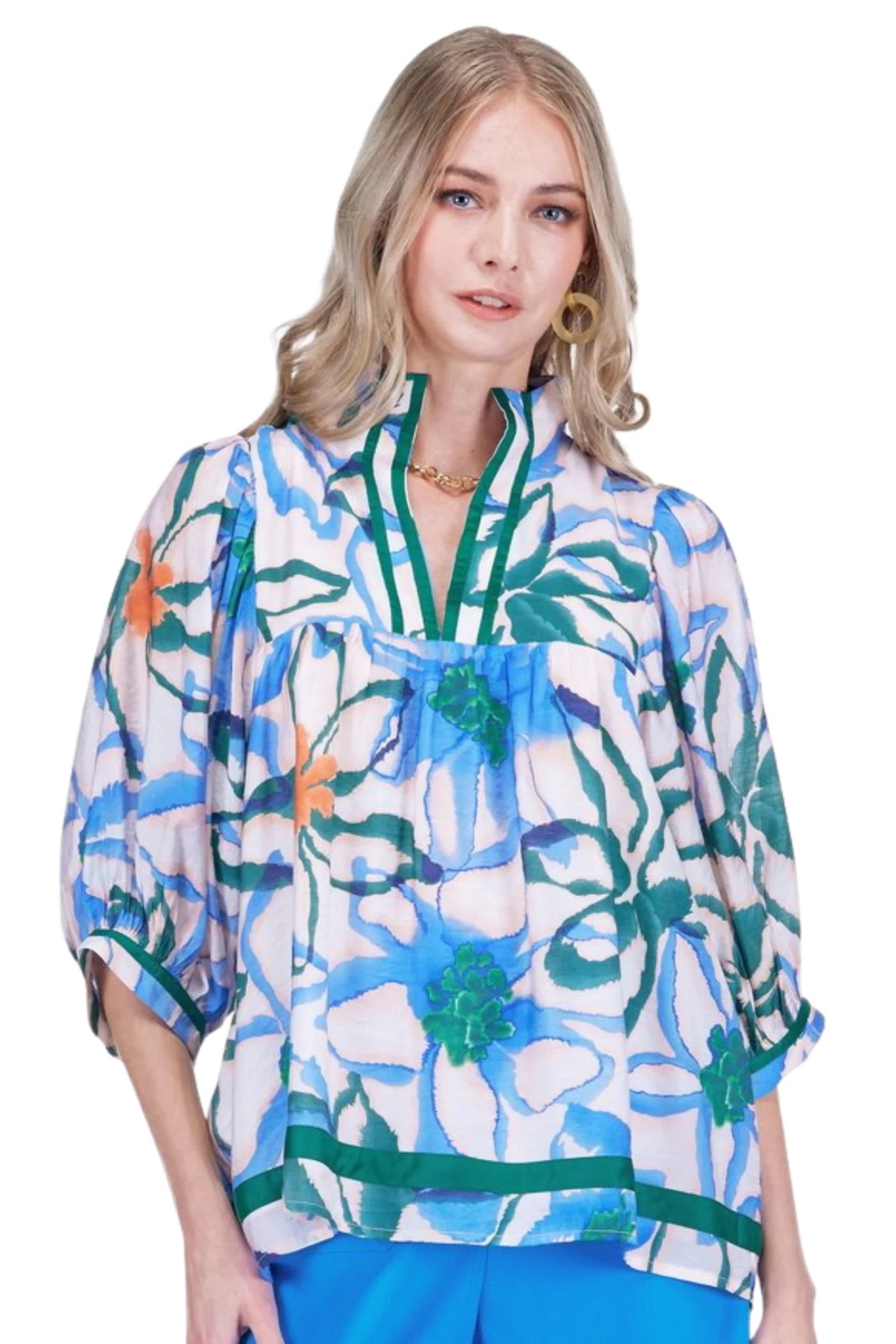 Stand Collar Puff Sleeve Top in Wandering Bloom