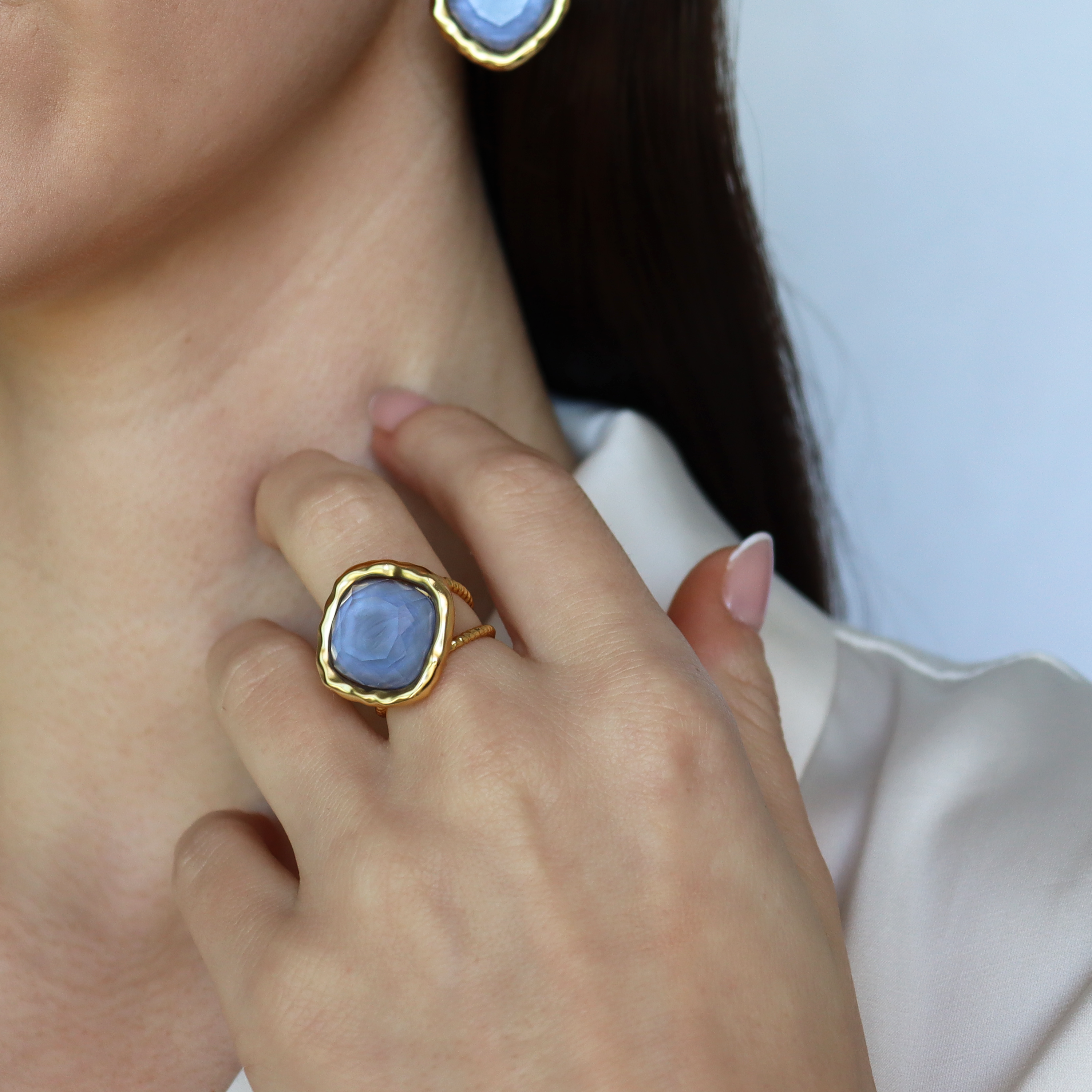 Bezel Iridescent Glass Ring - 24K Gold Plated