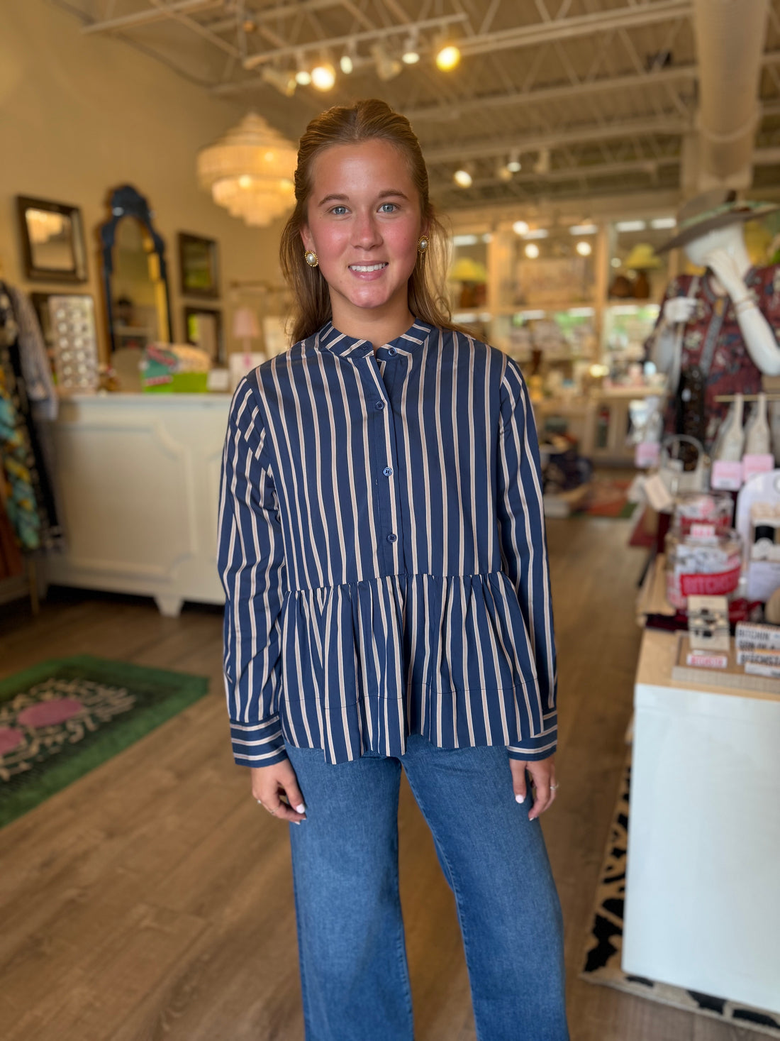 Flounced Hem Shirt in Navy Stripes