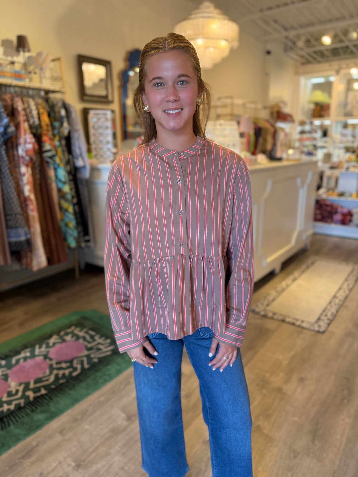 Flounced Hem Shirt in Brown Stripe