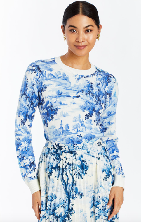 Phoebe Printed Sweater in Blue Ivory