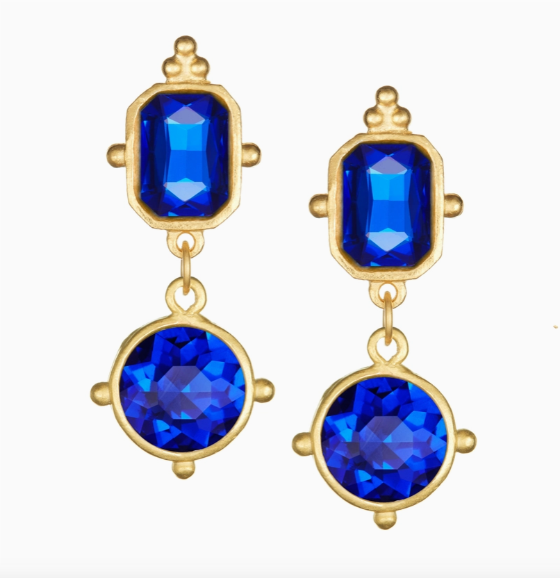 Double Blue Square &amp; Round Crystal Drop Earrings