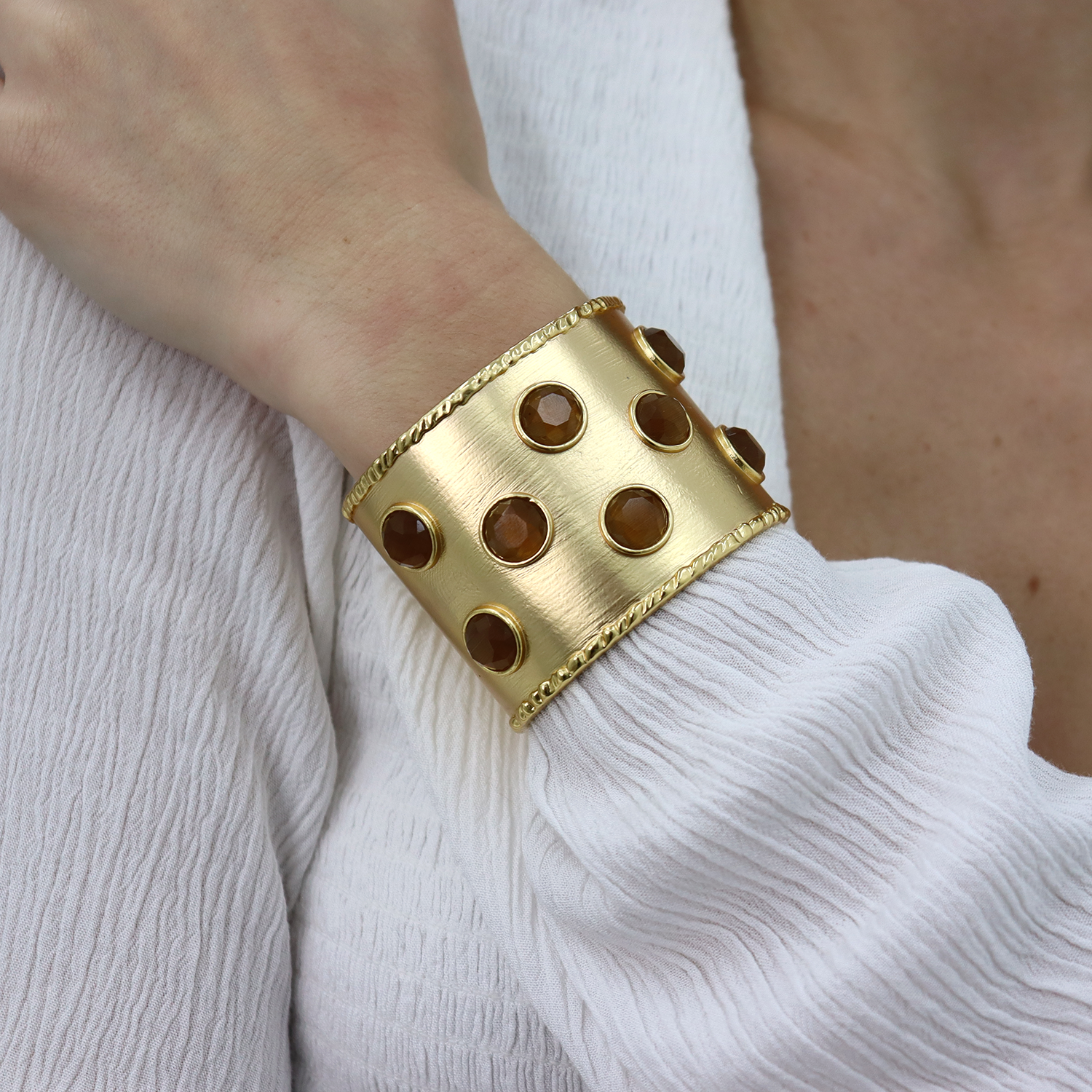 Mocha Stones Cuff Bracelet - 24K Gold Plated
