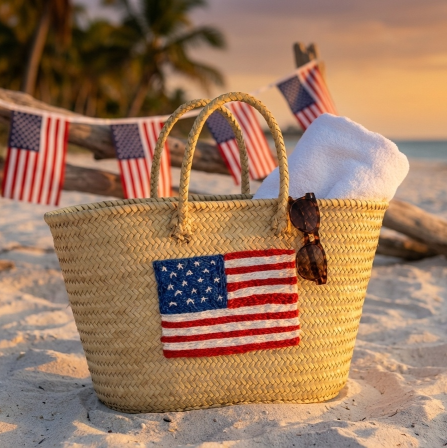 Moroccan Straw Tote with USA Flag – Beach &amp; Market Bag