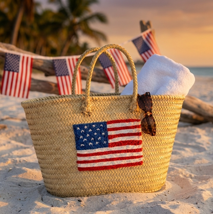 Moroccan Straw Tote with USA Flag – Beach &amp; Market Bag