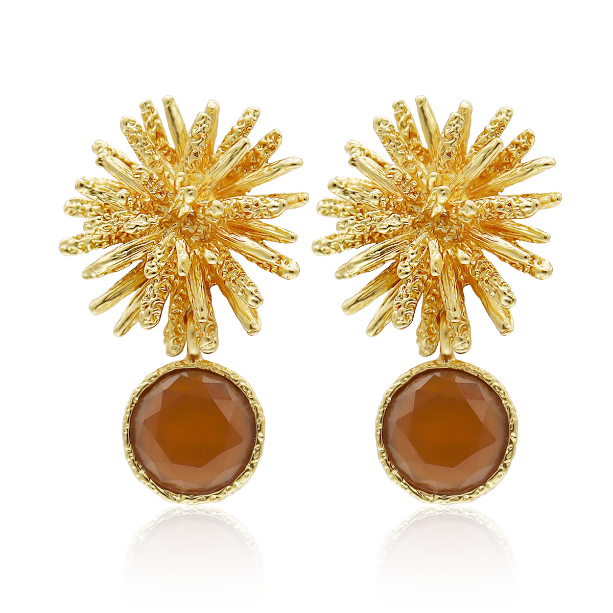 Mocha Stone x Starburst Pendant Earrings - 24K Gold Plated
