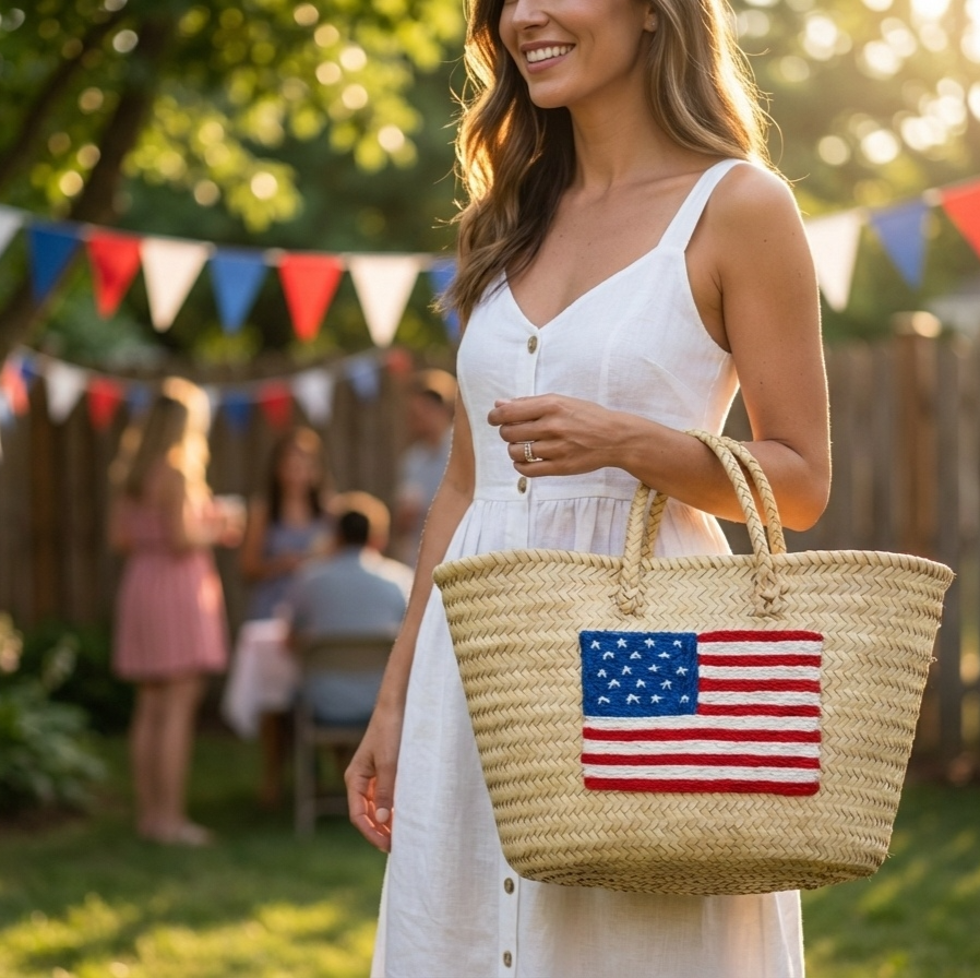 Moroccan Straw Tote with USA Flag – Beach &amp; Market Bag