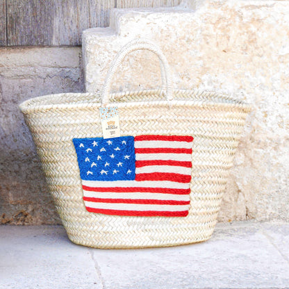 Handcrafted Woven Straw Bag with US Flag - Patriotic Tote