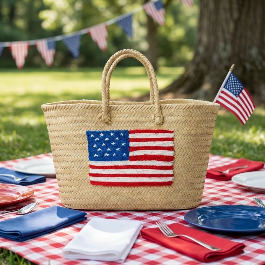 Moroccan Straw Tote with USA Flag – Beach &amp; Market Bag