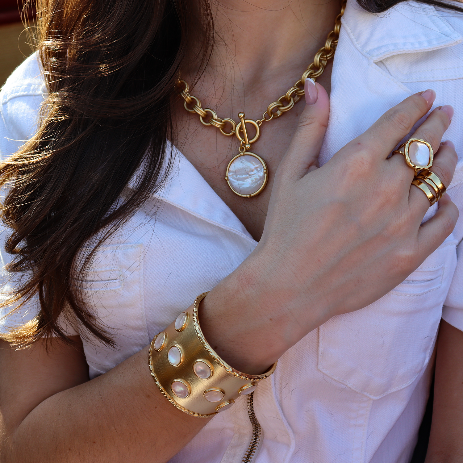 Bezel Mother of Pearl Ring - 24K Gold Plated