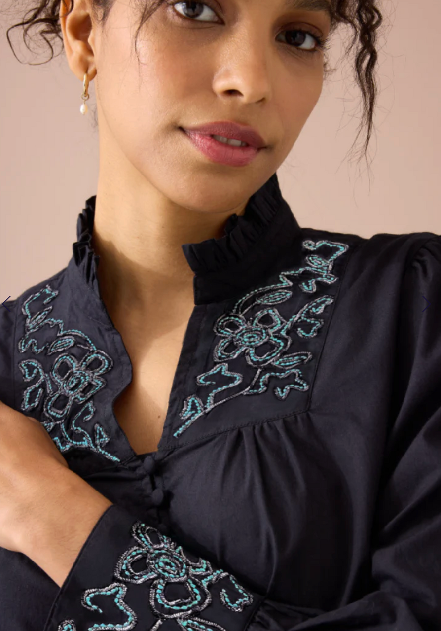 The Lindy Shirt in Black Opulent Floral Embroidery