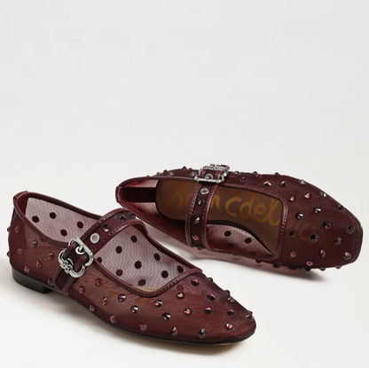 Michaela Shine Mary Jane Flat in French Merlot Mesh Fabric