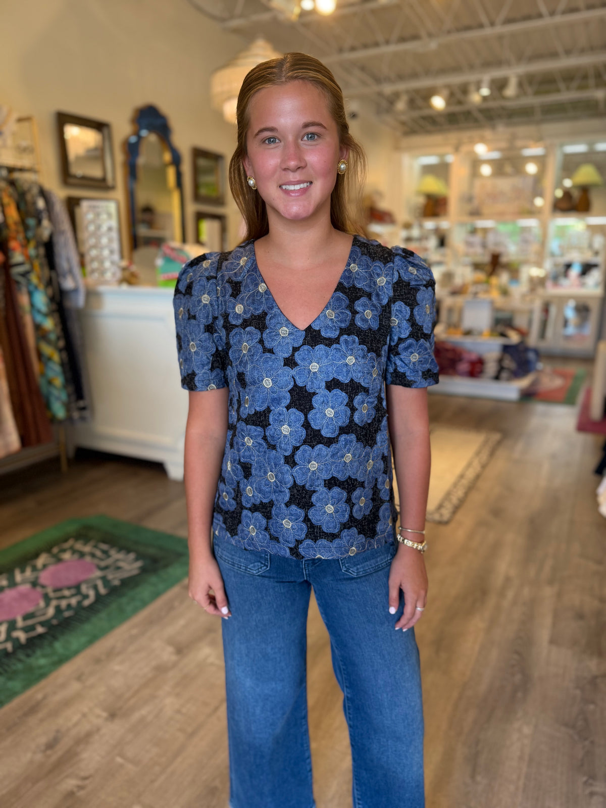 V-Neck Puff Sleeve Top in Denim Petal