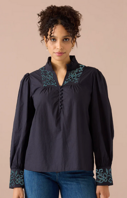 The Lindy Shirt in Black Opulent Floral Embroidery