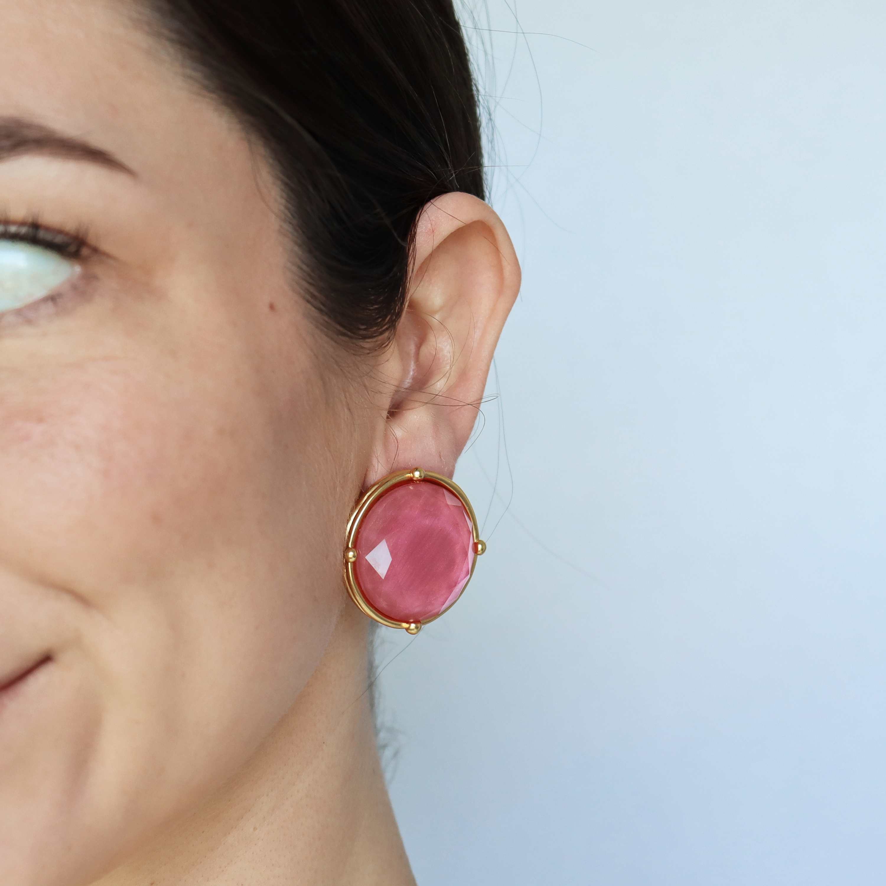 Cabochon Large Clip-On Earrings - 24K Gold Plated